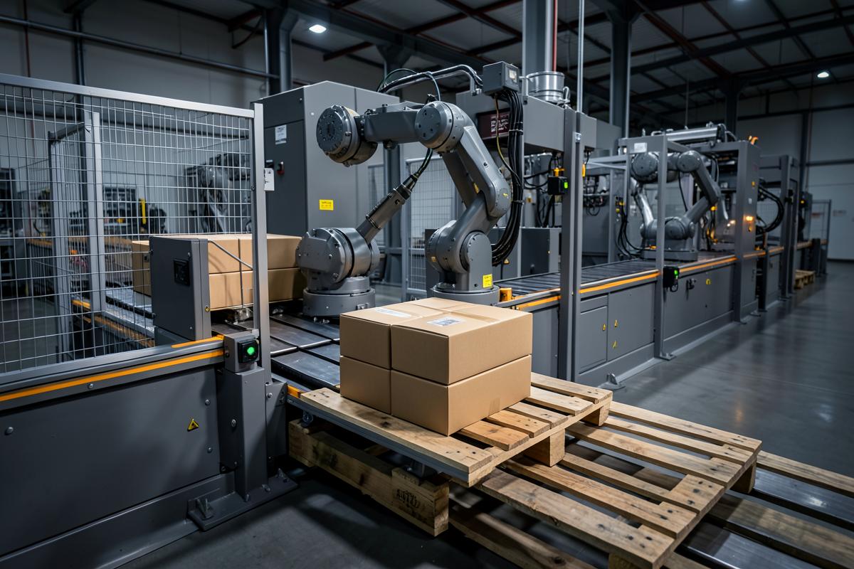 Robotic palletizing cell stacking cartons onto a pallet