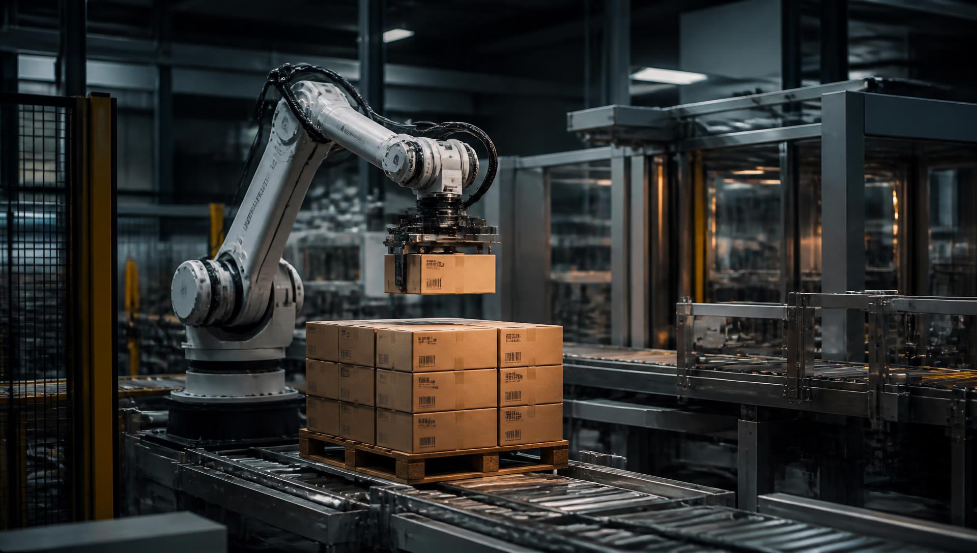 Automated production line with robots and conveyors in a manufacturing plant