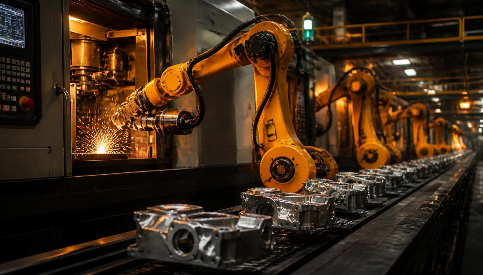 Six-axis robots tending CNC machines with components moving on a conveyor