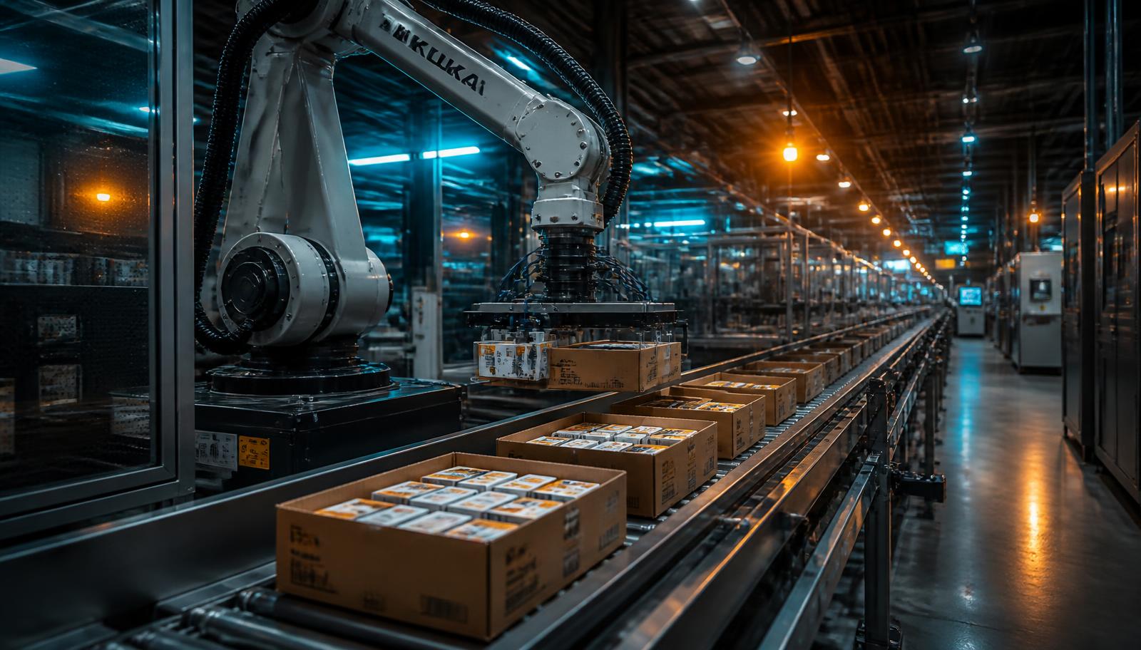 Robot arm case-packing consumer cartons on a conveyor in a packaging hall