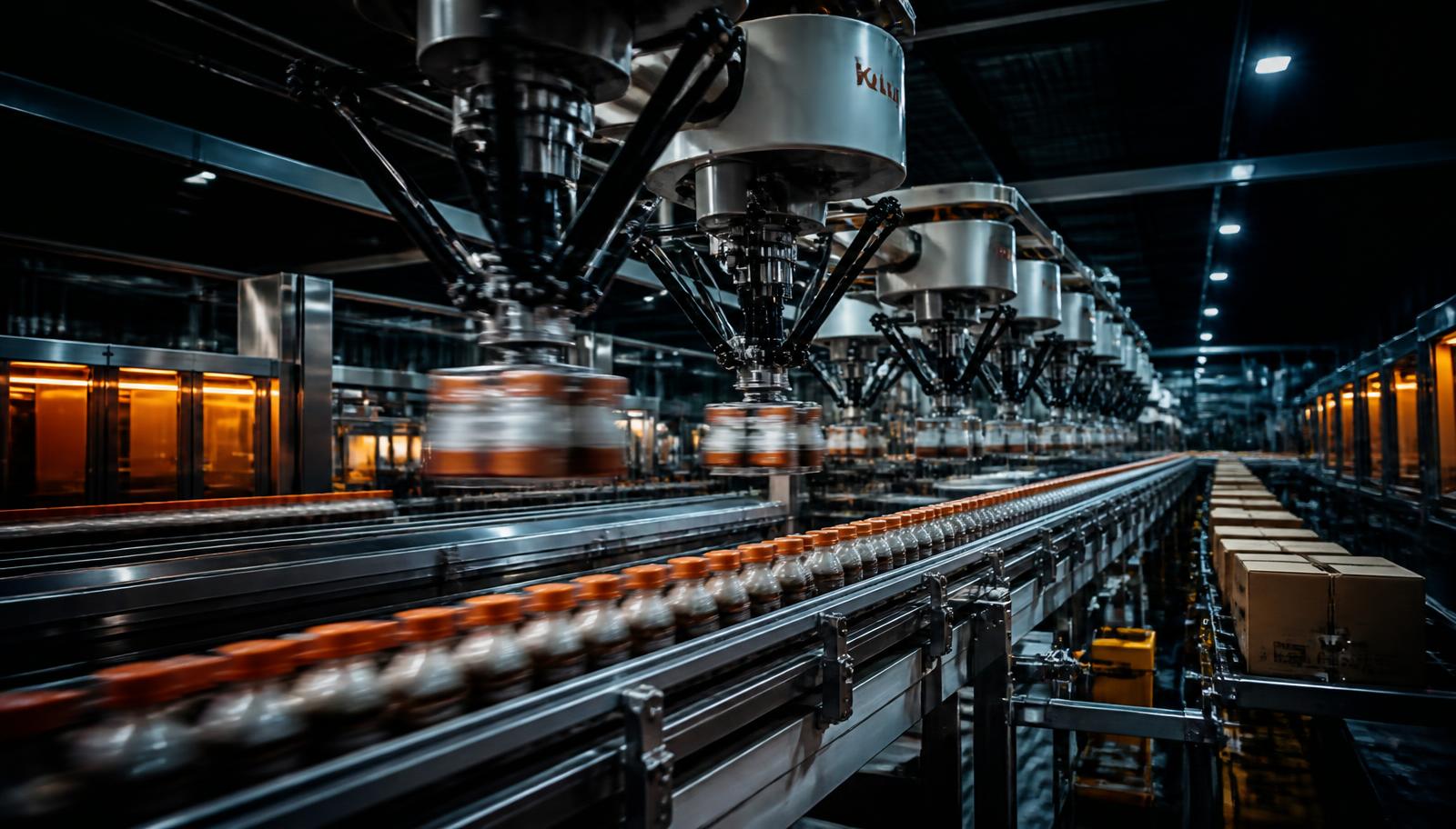 Delta pick-and-place robots over a high-speed bottle conveyor in a food plant