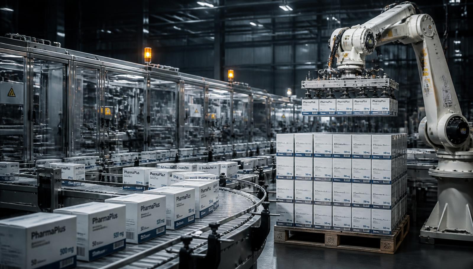Robotic palletizer stacking cartons at the end of a pharmaceutical packaging line