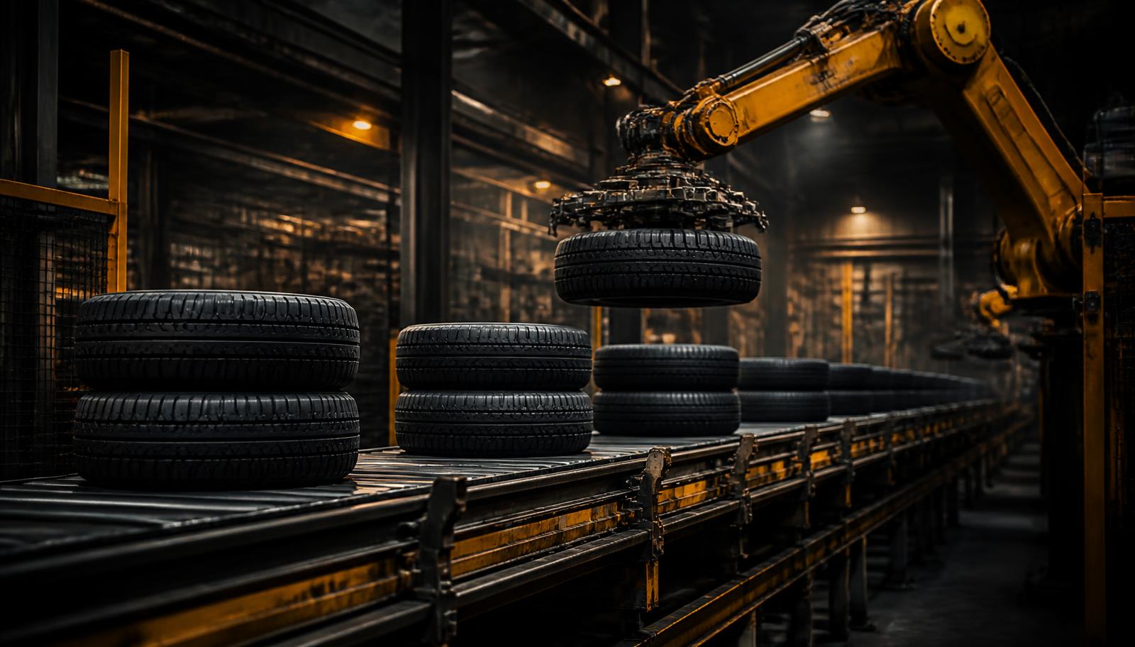 Industrial robot lifting tyres from a heavy-duty conveyor in a tyre plant
